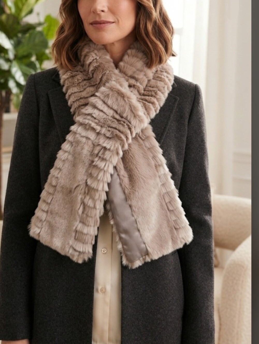 NWT Banana Republic Luxury Faux Fur Pull-Through Scarf Taupe / Gray Winter Chic